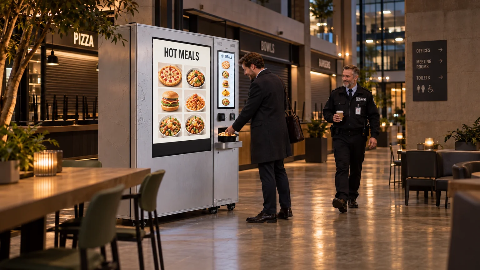 European office workers using an automated hot meal station in a commercial food hall concourse