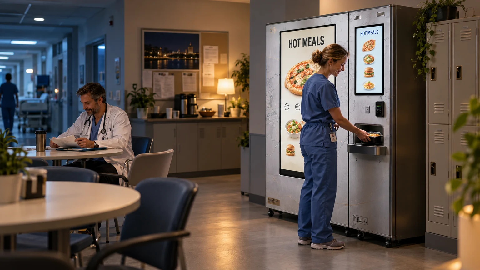 European healthcare workers using an automated hot meal station in a hospital staff lounge