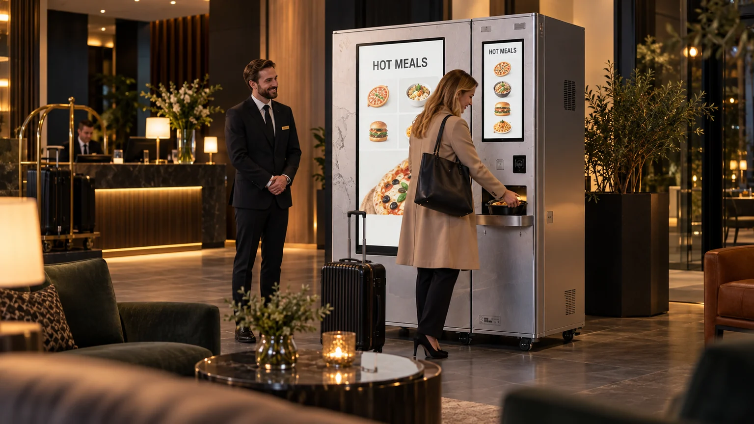 Europäische Hotelgäste und Personal, die eine automatisierte Station für heiße Mahlzeiten in einer modernen Empfangsbereichs-Markthalle nutzen