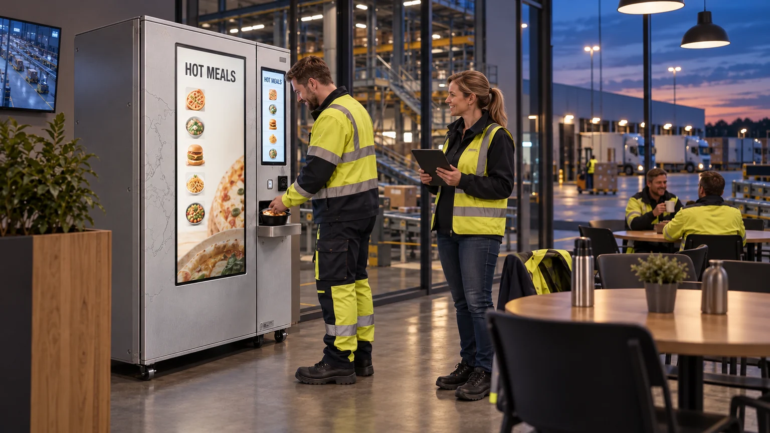 European logistics workers using an automated hot meal station in a distribution hub break area