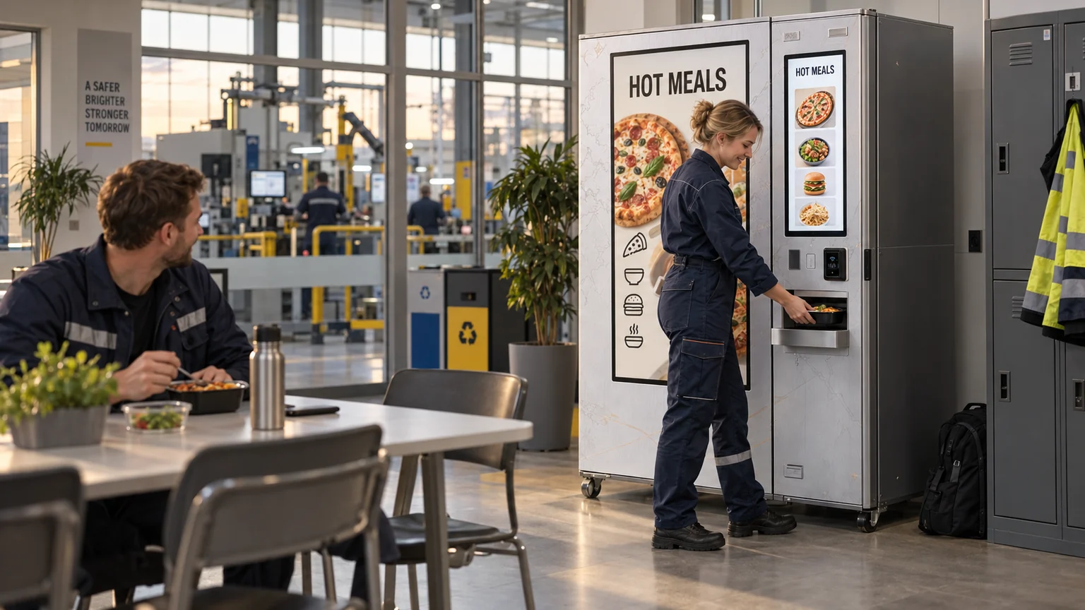 European manufacturing employees using an automated hot meal station in a modern plant break area