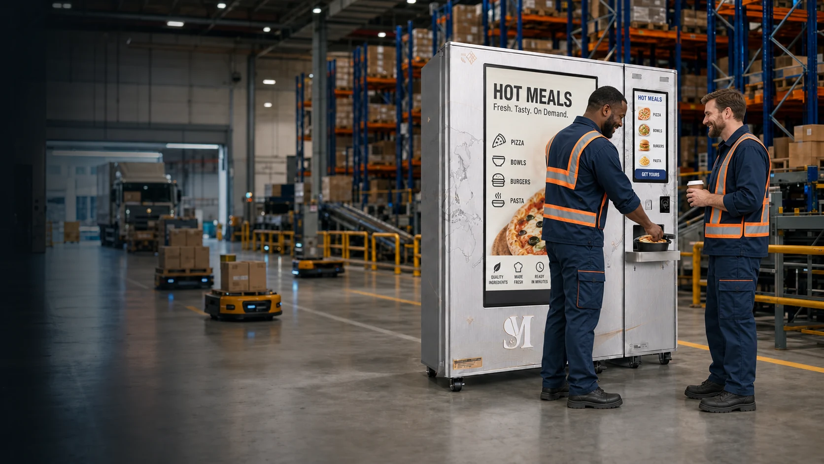 English-language automated hot meal station operating in a modern industrial facility