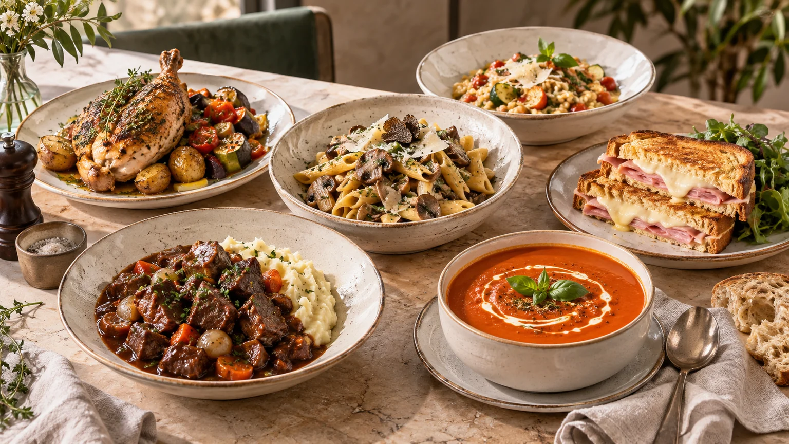 European hot meal spread with beef bourguignon, mushroom pasta, roast chicken, risotto, tomato soup, and a ham and cheese toastie