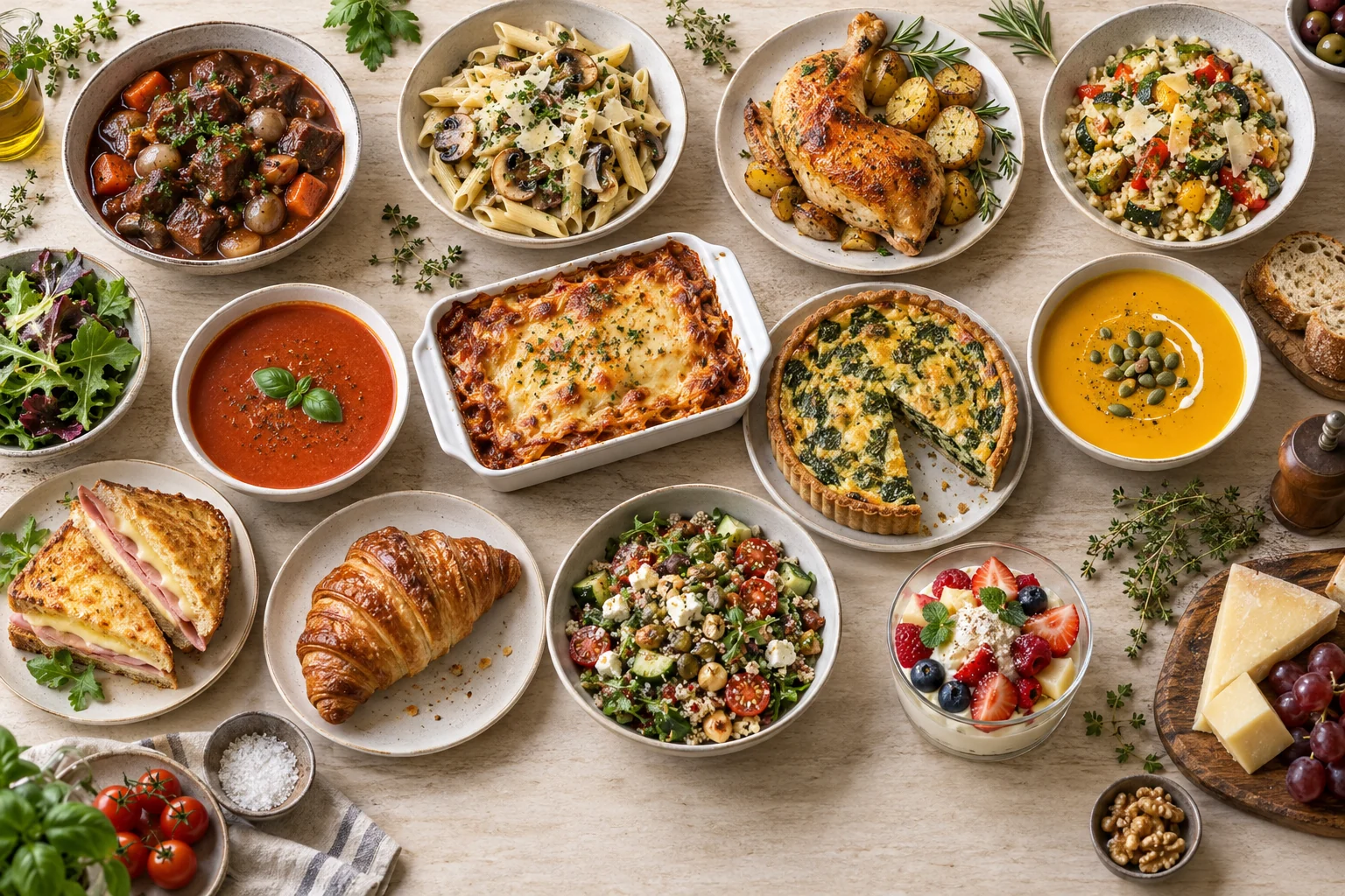 Abundant overhead selection of European entrees, pasta, soups, bakery items, salads, and desserts for flexible menu planning