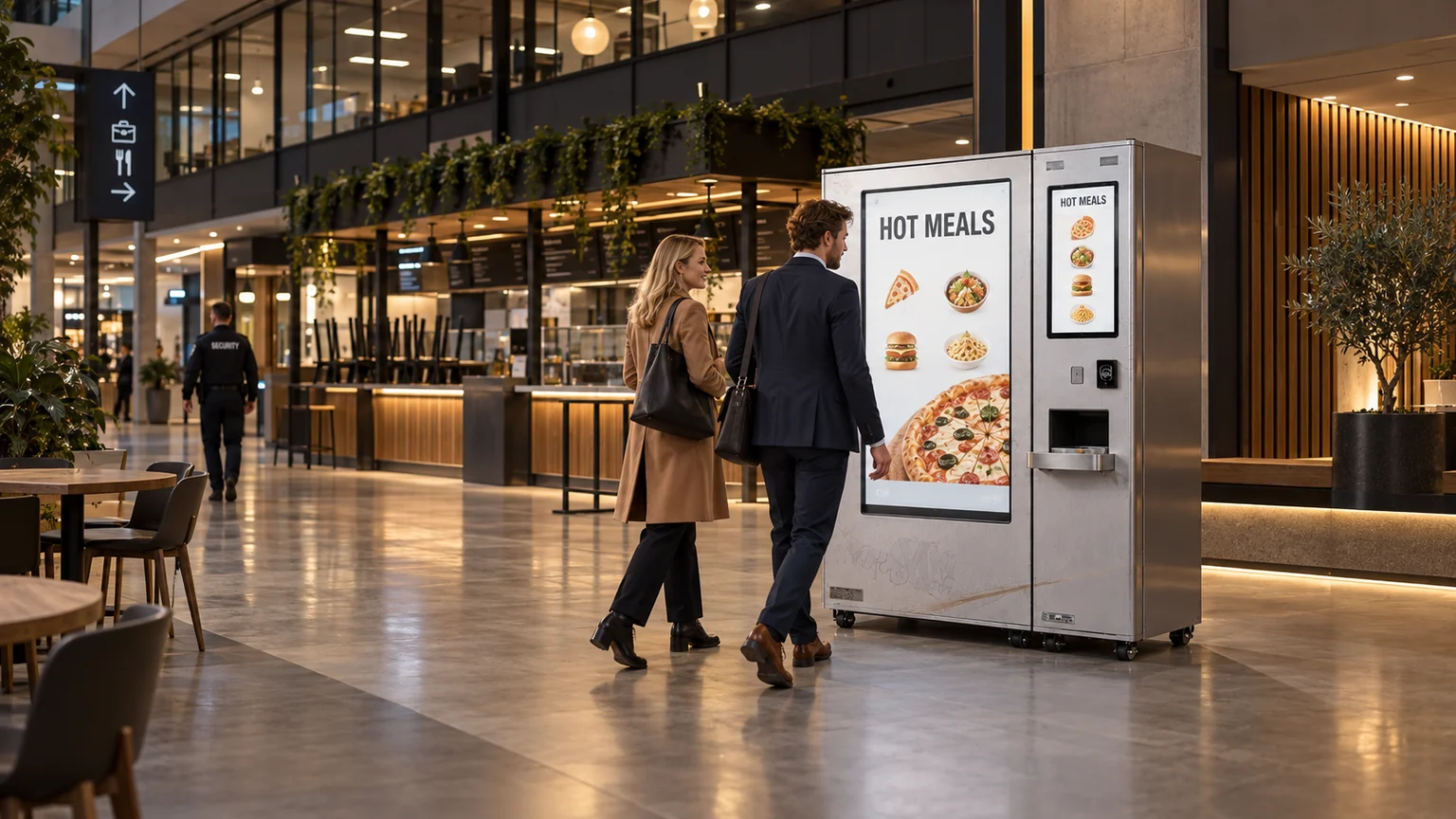 European office workers beside an automated hot meal station in a commercial food hall concourse