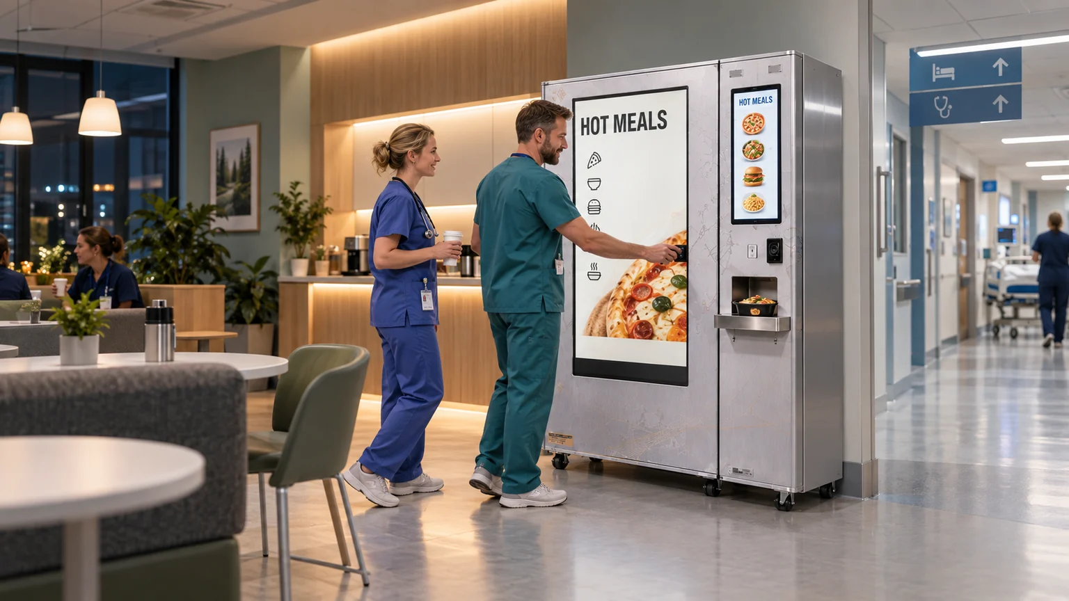 European healthcare workers using an automated hot meal station in a hospital staff lounge