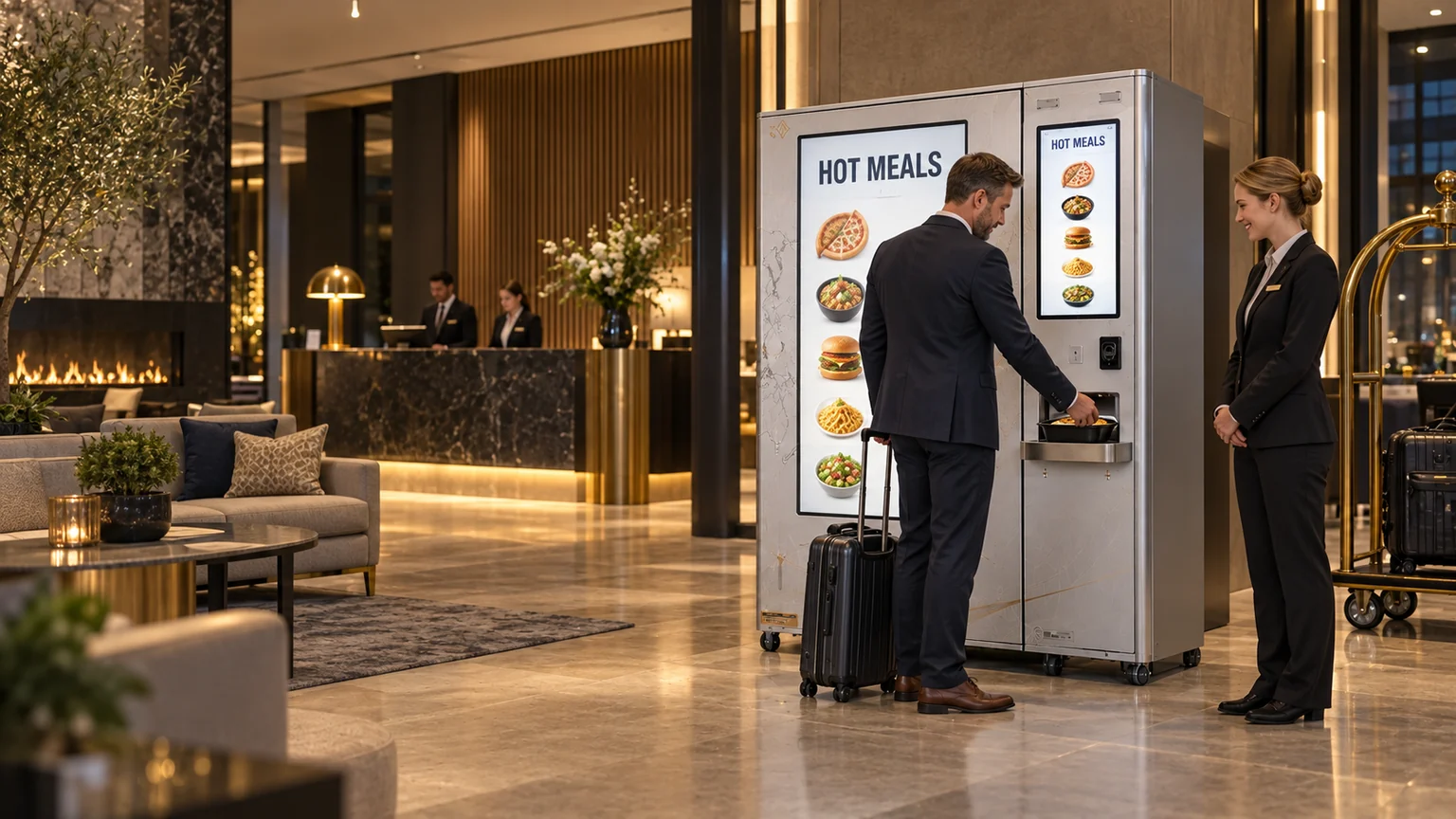 European hotel guest and staff beside an automated hot meal station in a contemporary lobby