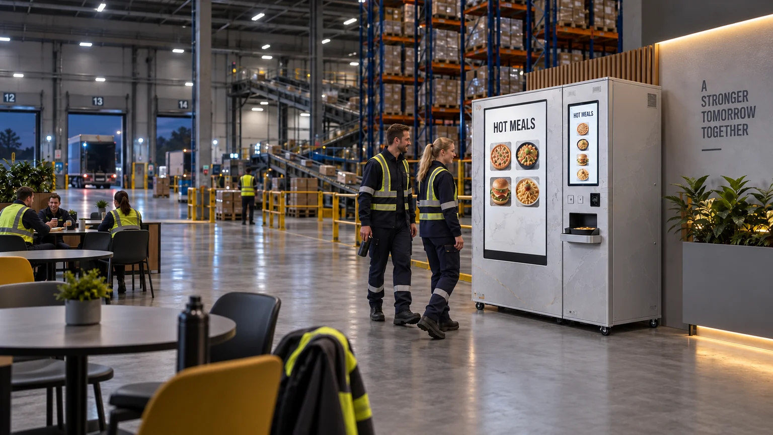 European logistics workers beside an automated hot meal station in a distribution hub