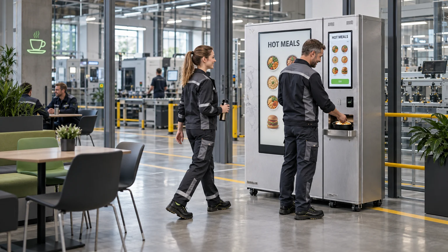 European manufacturing employees beside an automated hot meal station in a modern plant