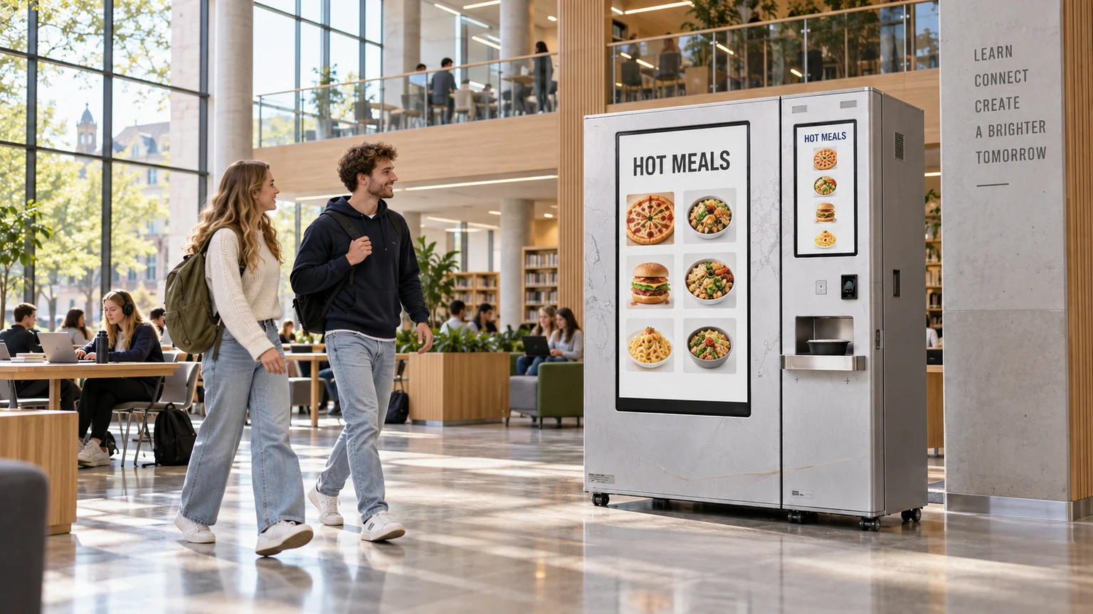 European university students beside an automated hot meal station in a campus commons