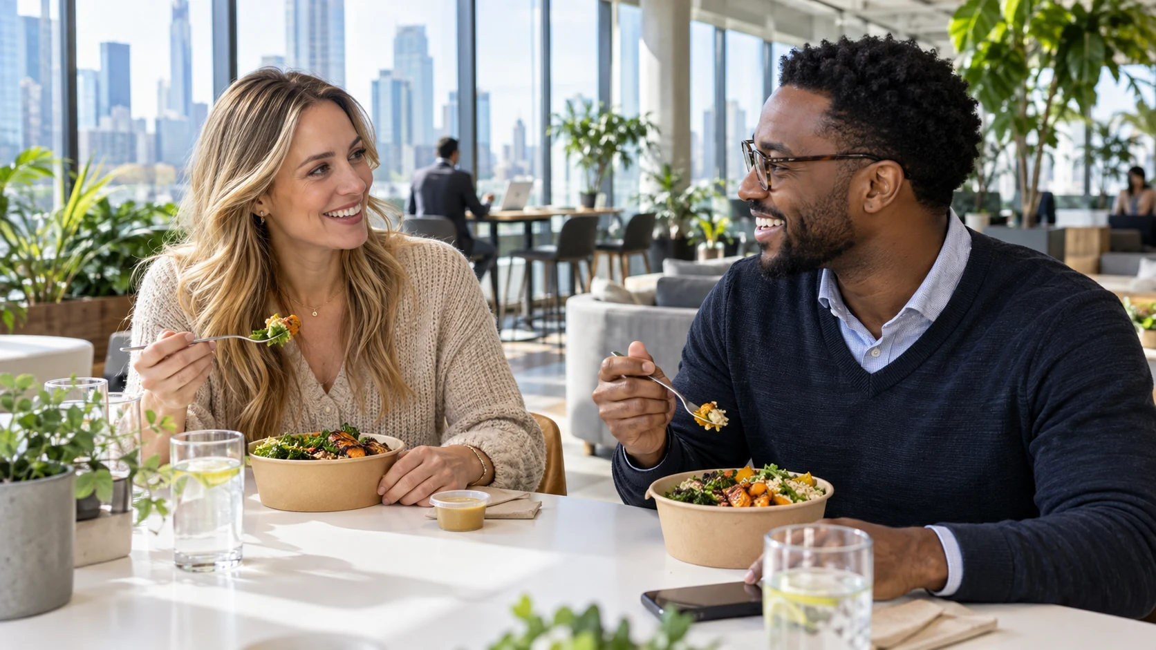 Professionnels européens divers partageant des repas chaleureux dans une salle à manger moderne sur le lieu de travail