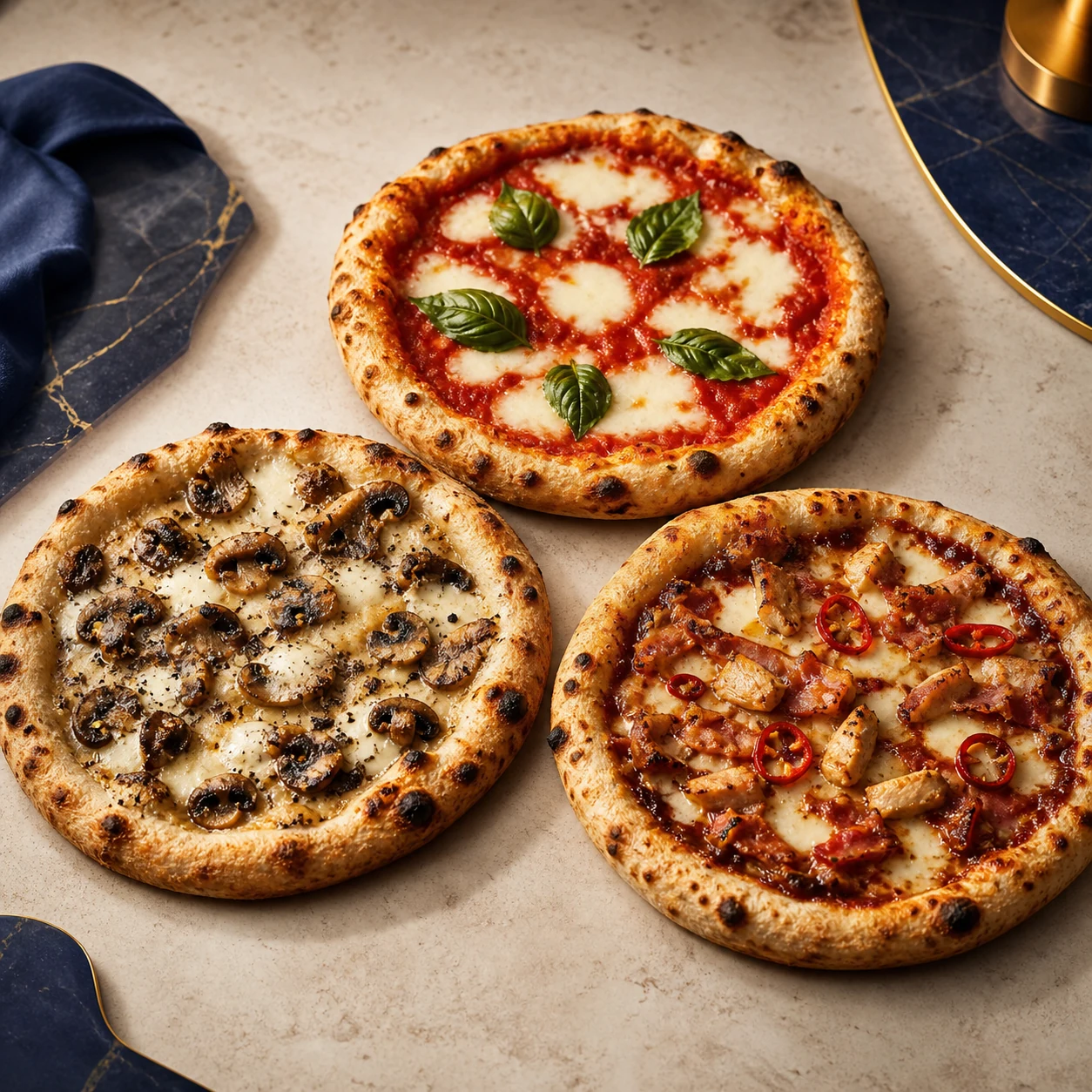Three artisan pizzas with Margherita, mushroom, and barbecue chicken toppings