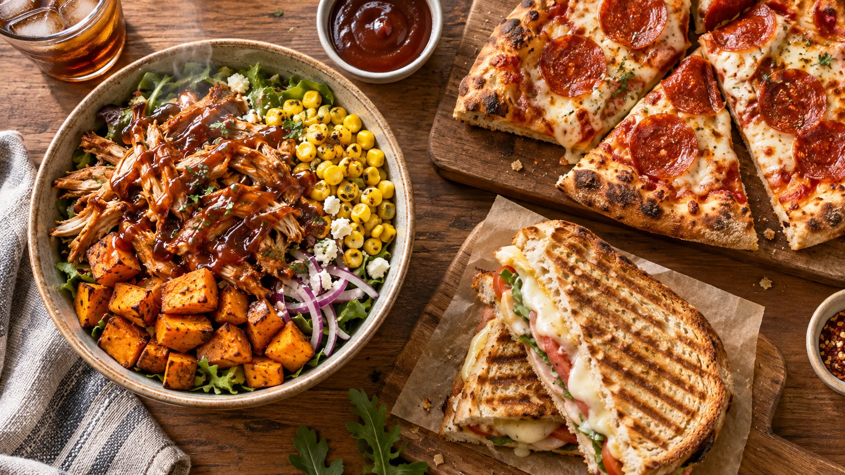 American BBQ chicken grain bowl, pepperoni pizza, and toasted panini arranged on a wooden table