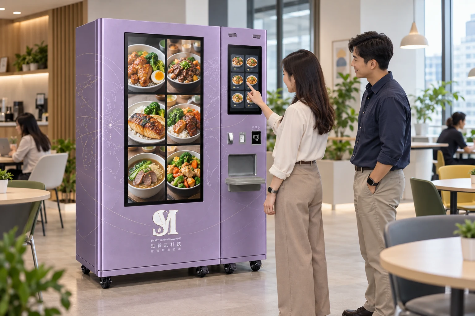 台灣企業同仁在 SVM 智能熱食站螢幕選擇餐點