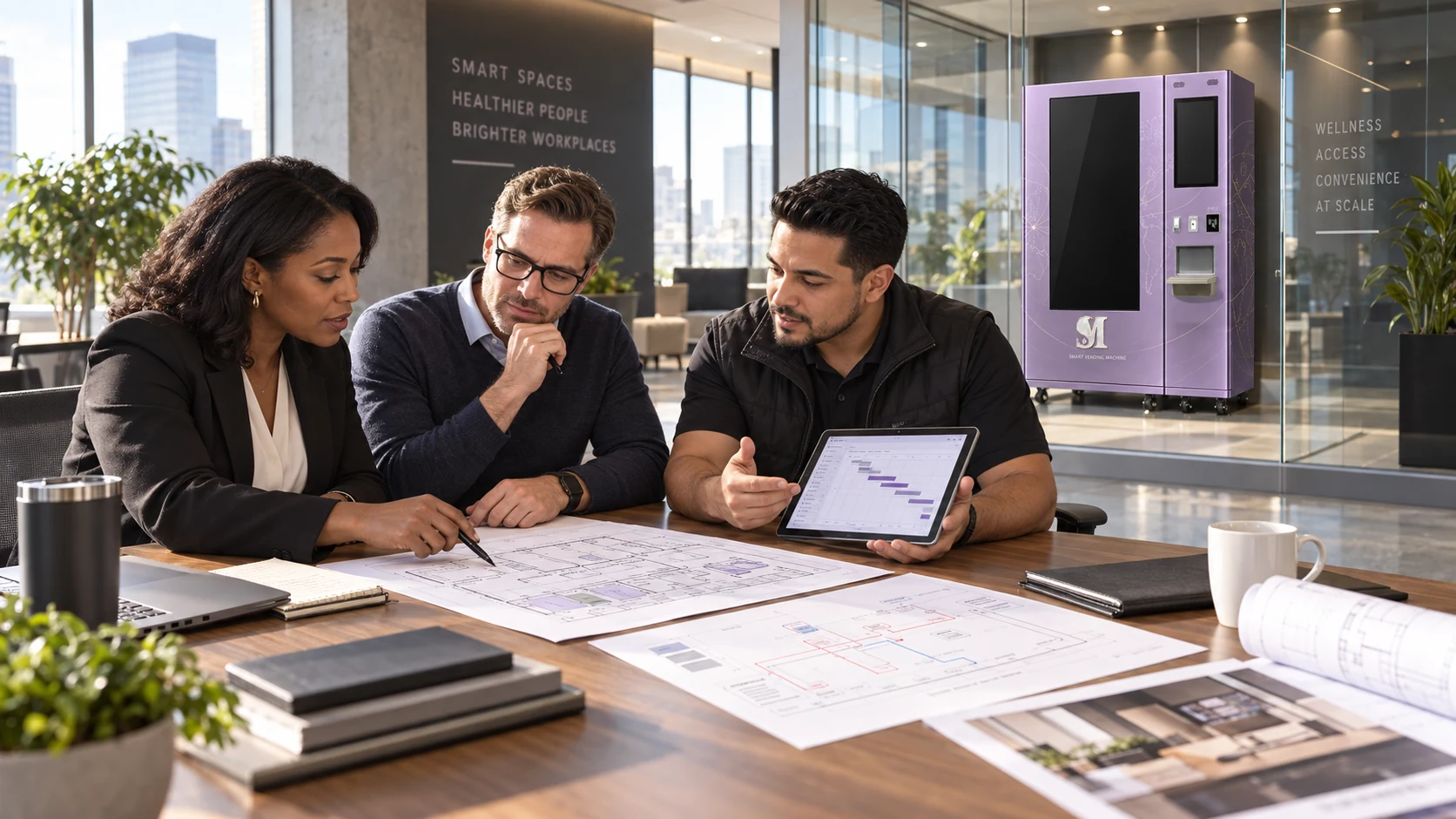Diverse U.S. facility leaders reviewing SVM site plans and a deployment timeline in a modern conference room
